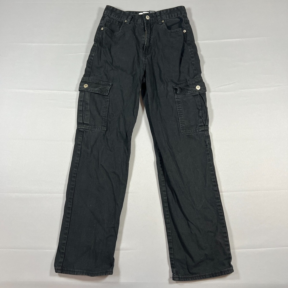 Song Cargo Jeans Junior 3x26 Black Denim Cotton Dark Wash High Rise Straight Leg